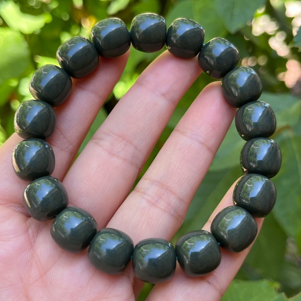 12mm stretchable green barrel Hetian‎ jade bracelet